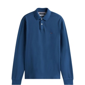 Tommy Hilfiger men's Aegean Sea long-sleeve polo shirt with ribbed collar, two-button placket and embroidered flag logo