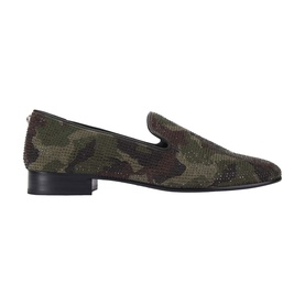 Kurt Geiger London men's green camouflage loafer with crystal embellishment and black block heel, side profile view