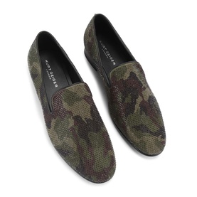 Kurt Geiger London men's green camouflage crystal-embellished slip-on loafers with round toe and flat sole