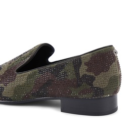 Kurt Geiger London men's green camouflage crystal-embellished loafer, flat black sole, rear three-quarter view