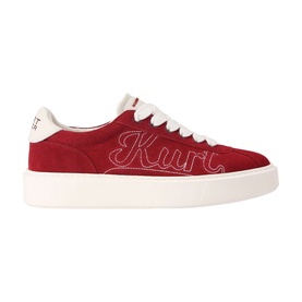 Kurt Geiger London red suede flatform sneaker with embroidered script logo and white lace-up front, white chunky sole