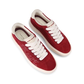 Kurt Geiger London red suede men's low-top trainers with white laces, cream midsole, and embossed branding on toe box.