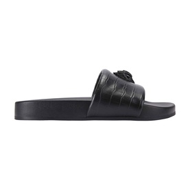 Kurt Geiger London black quilted leather slide sandal with eagle embellishment and black flatform sole