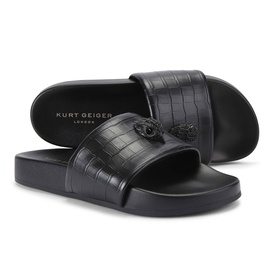 Kurt Geiger London black croc-embossed leather slides with embossed eagle logo on strap and black flatform sole