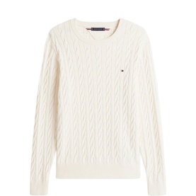 Tommy Hilfiger cable-knit crew-neck sweater in Ivory Petal with small logo flag embroidery at chest