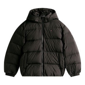Tommy Hilfiger children's black hooded puffer jacket with zip fastening and quilted panels