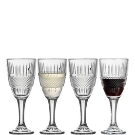 Galway Crystal Eyre Wine Glass Set of Four, clear crystal with varied cut patterns, one filled with red wine