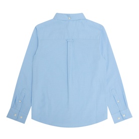 Gant sky blue cotton children's shirt, back view, long sleeves with button cuffs and central pleat detail