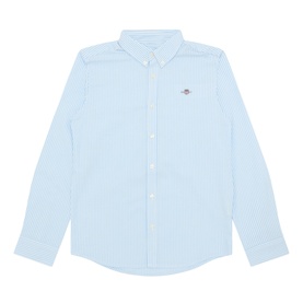 Gant sky blue and white striped cotton long-sleeve shirt with button-down collar and embroidered logo chest badge