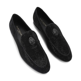 Kurt Geiger London black crystal-embellished suede loafers with medusa-style medallion detail and black sole