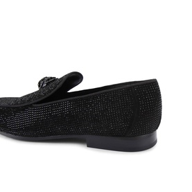 Kurt Geiger London black crystal-embellished loafer with ornate buckle detail and flat leather sole, three-quarter rear view