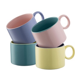 Belleek Hoopla Mug 230ml Set of Four in multi pastel colours with round handles, stacked. Fine china, mix and match style.