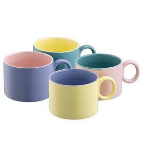Belleek Hoopla Mug 230ml Set of Four in pastel multi, fine china with round statement handles and contrast colour interiors