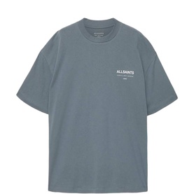 All Saints lunar blue oversized crew neck T-shirt with small chest logo print, short sleeves, relaxed fit