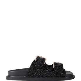 KG by Kurt Geiger Rhoda Woven Sandals in black, featuring rope-woven straps with silver buckles and a moulded black footbed