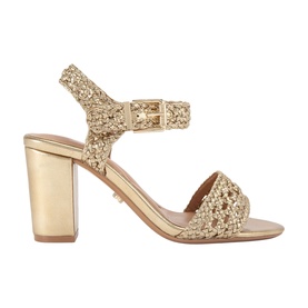 Carvela Sadie 2 Block Heels in gold braided metallic straps, ankle buckle fastening, and chunky block heel