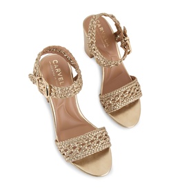 Carvela Sadie 2 Block Heels in gold braided metallic straps, buckle ankle fastening, and block heel, overhead view
