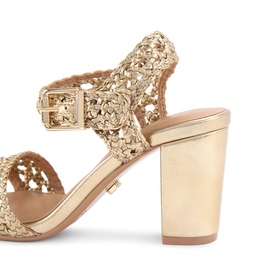 Carvela Sadie 2 Block Heels in gold, featuring woven metallic straps, gold buckle fastening, and a chunky block heel