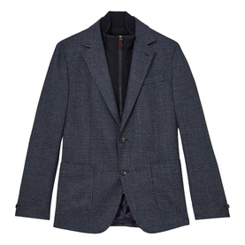 Reiss blue houndstooth check blazer with notch lapels, two-button fastening, and patch pockets