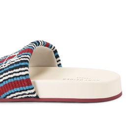 Kurt Geiger London men's red stripe slide sandal, cream flatform sole with burgundy edge, woven upper detail