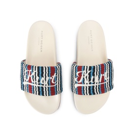 Kurt Geiger London men's red striped slider sandals with white Kurt Geiger script logo strap and cream sole, top-down view