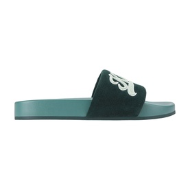 Kurt Geiger London green velvet slider with embroidered logo strap and matching green flatform sole