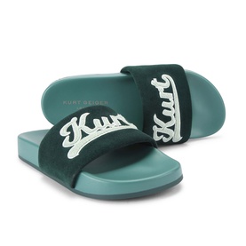 Kurt Geiger London men's green velvet slide sandals with embroidered script logo strap and teal flatform sole