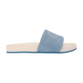 Kurt Geiger London blue suede slider with embroidered logo strap and cream flatform sole, teal outsole