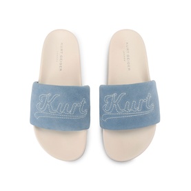 Kurt Geiger London blue suede slider sandals with embroidered Kurt script logo on wide strap and cream sole, top view