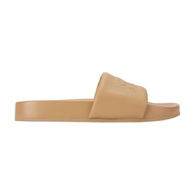 Kurt Geiger London men's slide sandals in white, flat rubber sole with embossed logo on strap, side profile view