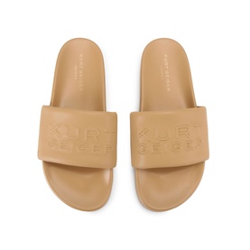 Kurt Geiger London men's slide sandals in white, embossed logo strap, flat sole, overhead shot