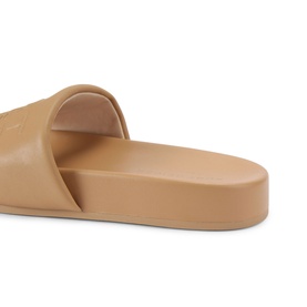 Kurt Geiger London men's white slider sandal, wide single strap, flatform rubber sole, close-up detail shot