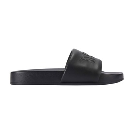 Kurt Geiger London black leather pool slide with embossed logo strap and flat black sole