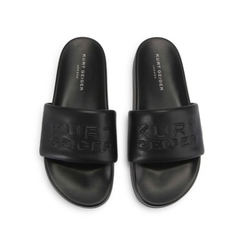 Kurt Geiger London black men's slider sandals with embossed logo strap and flat sole, top-down view