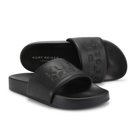 Kurt Geiger London black embossed logo slides with flatform sole, shown as a pair at an angle
