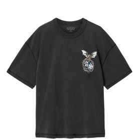 Washed black oversized T-shirt with embroidered bat and crest graphic on chest, crew neck, short sleeves