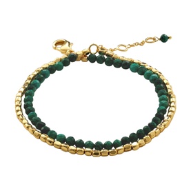 Juvi Amalfi Double Bracelet in green malachite beads and gold-toned brass beads, double-strand design with lobster clasp