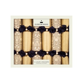 Celebration Crackers 6 Pack Golden Era Christmas Crackers in gold with black satin bows and art deco patterned paper, boxed set of 6