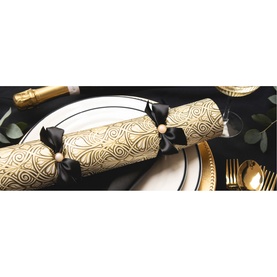 Celebration Crackers 6 Pack Golden Era Christmas Crackers in gold with black satin bows, styled on a festive table with gold cutlery and champagne