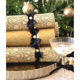 Celebration Crackers 6 Pack Golden Era Christmas Crackers in gold patterned paper with black satin bows and pearl details