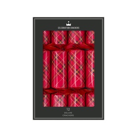 Celebration Crackers 12 Pack Red Plaid Christmas Crackers, red tartan design with gold foil details and red satin ribbon ties, box of 12