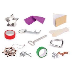 Celebration Crackers 12 Pack Red Plaid Christmas Crackers novelty gifts including carabiner, bottle opener, tape, wooden star, and paper items