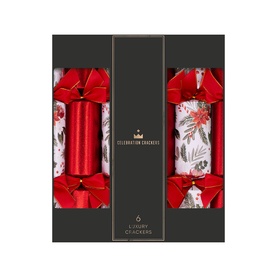 Celebration Crackers 6 Pack Glitter Poinsettia Christmas Crackers in red, featuring sparkling finish, poinsettia print and decorative red bows