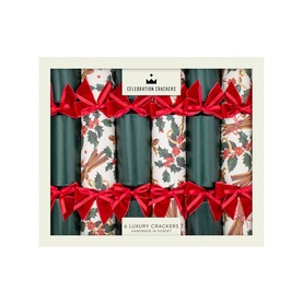 Celebration Crackers 6 Pack Verdant Spice Christmas Crackers in green and holly print with red velvet double bows, boxed set of 6