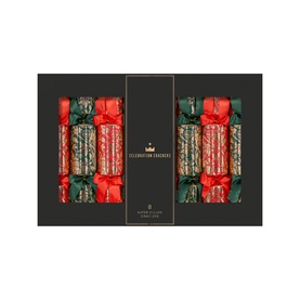Celebration Crackers 8 Pack Traditional Christmas Crackers in red and green with gold foiled botanical pattern and satin bows, in open gift box