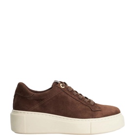 Dune Evienne Flatform Trainers in brown suede with tonal laces, gold-tone logo rivets, and a contrast white flatform sole