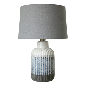 Mindy Browne Hallie Textured Table Lamp in blue, grey and cream ceramic with ribbed base and grey linen tapered shade