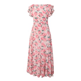 Queens of Archive Greta Antique Rose Dress in Antique Rose Garden; maxi length with flutter sleeves, boat neckline and godet skirt