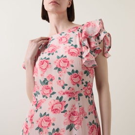 Model wearing Queens of Archive Greta Antique Rose Dress in Antique Rose Garden with double flutter sleeves and boat neckline