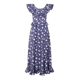 Queens of Archive Devon Prairie Floral Dress in Prairie Rose Blue, sleeveless midi with scoop frill neck, peplum waist and frill hem